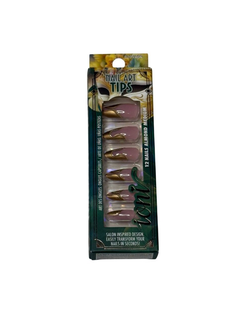 ioni Press On Nails Almond Medium Pink Gold Swirl Veil of Allure 12pc NWT
